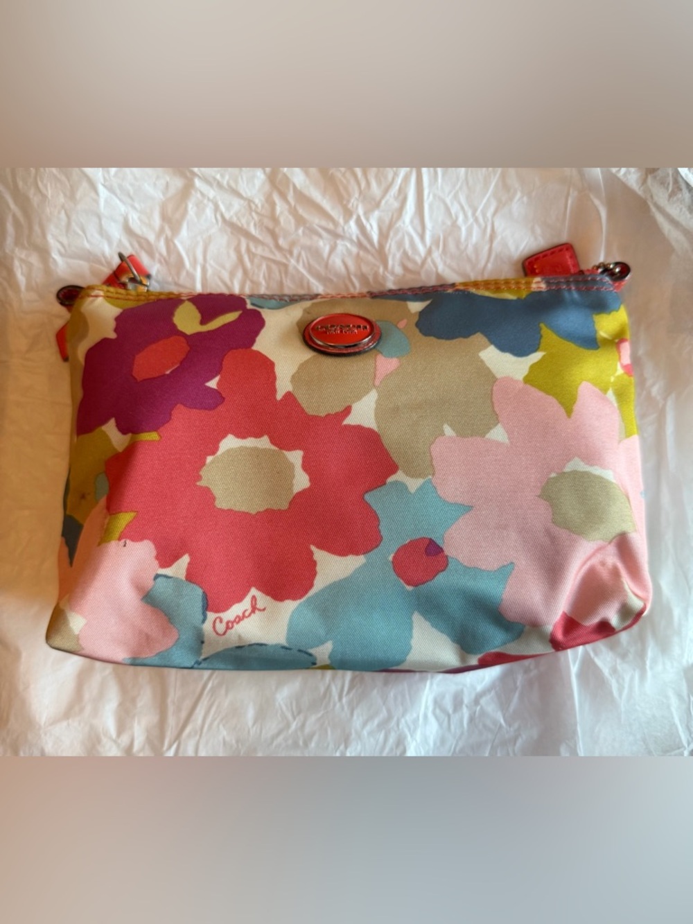 Coach Floral Print Cosmetic Pouch in Red, Pink, Blue, Yellow - Picture 5 of 8